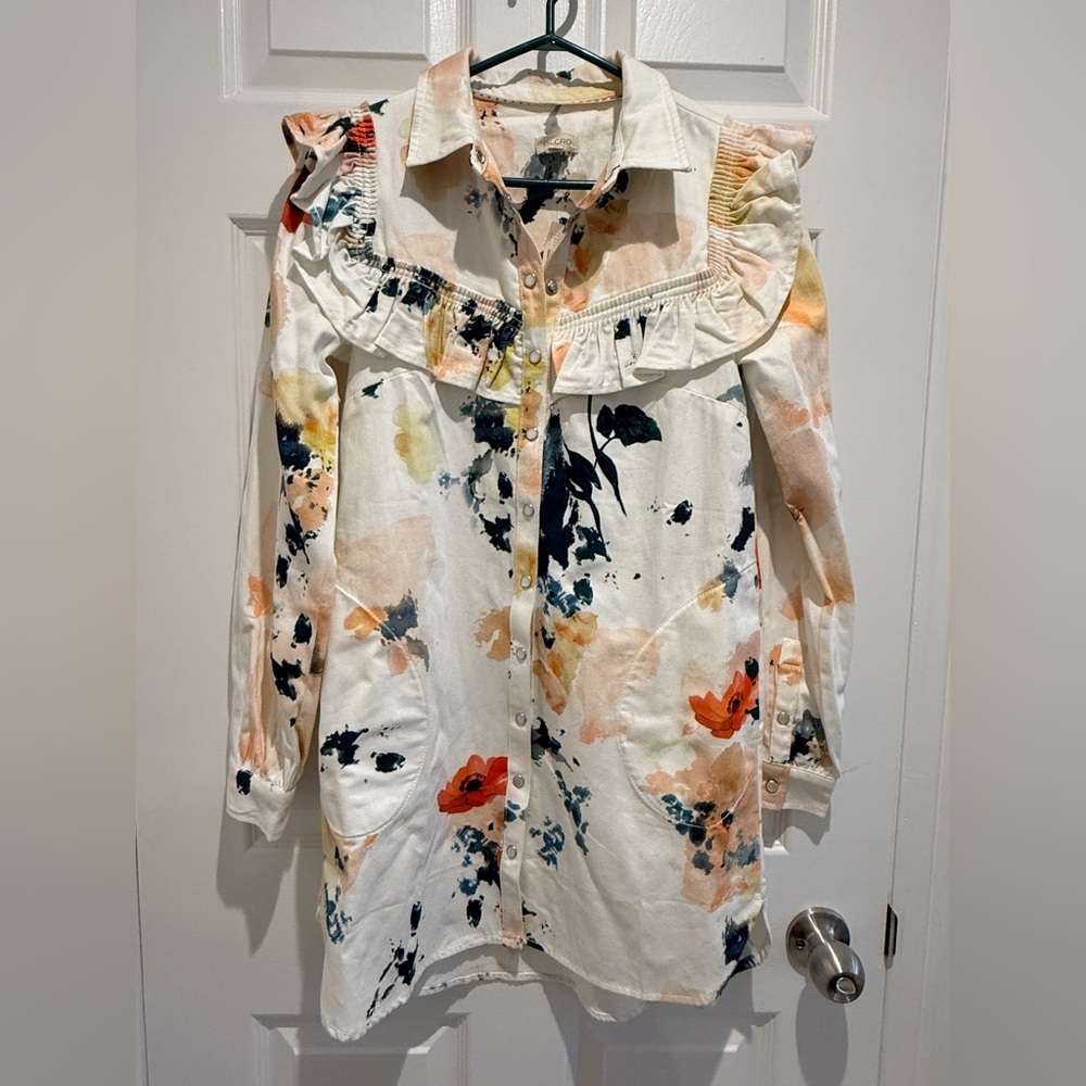 NWT Anthropologie Pilcro Small Long-Sleeve Ruffled Denim Mini Shirt Dress - Picture 10 of 13